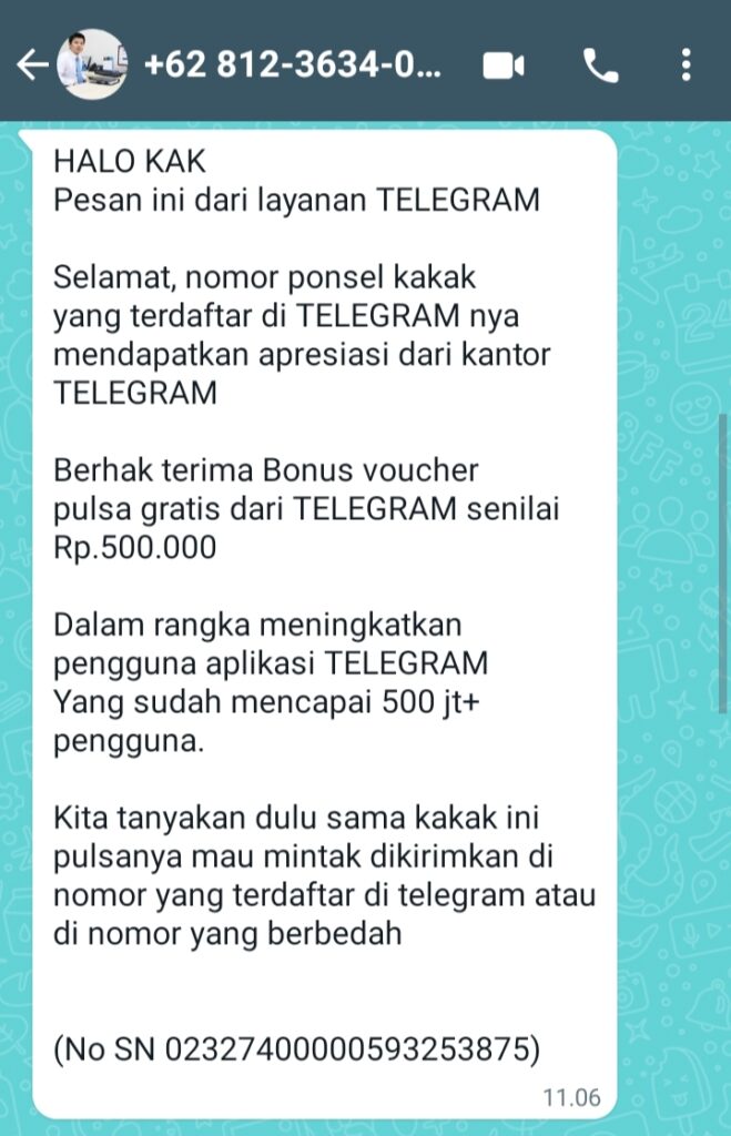 [HOAKS] Hadiah Pulsa 500 Ribu dari Kantor Telegram Beredar di WhatsApp